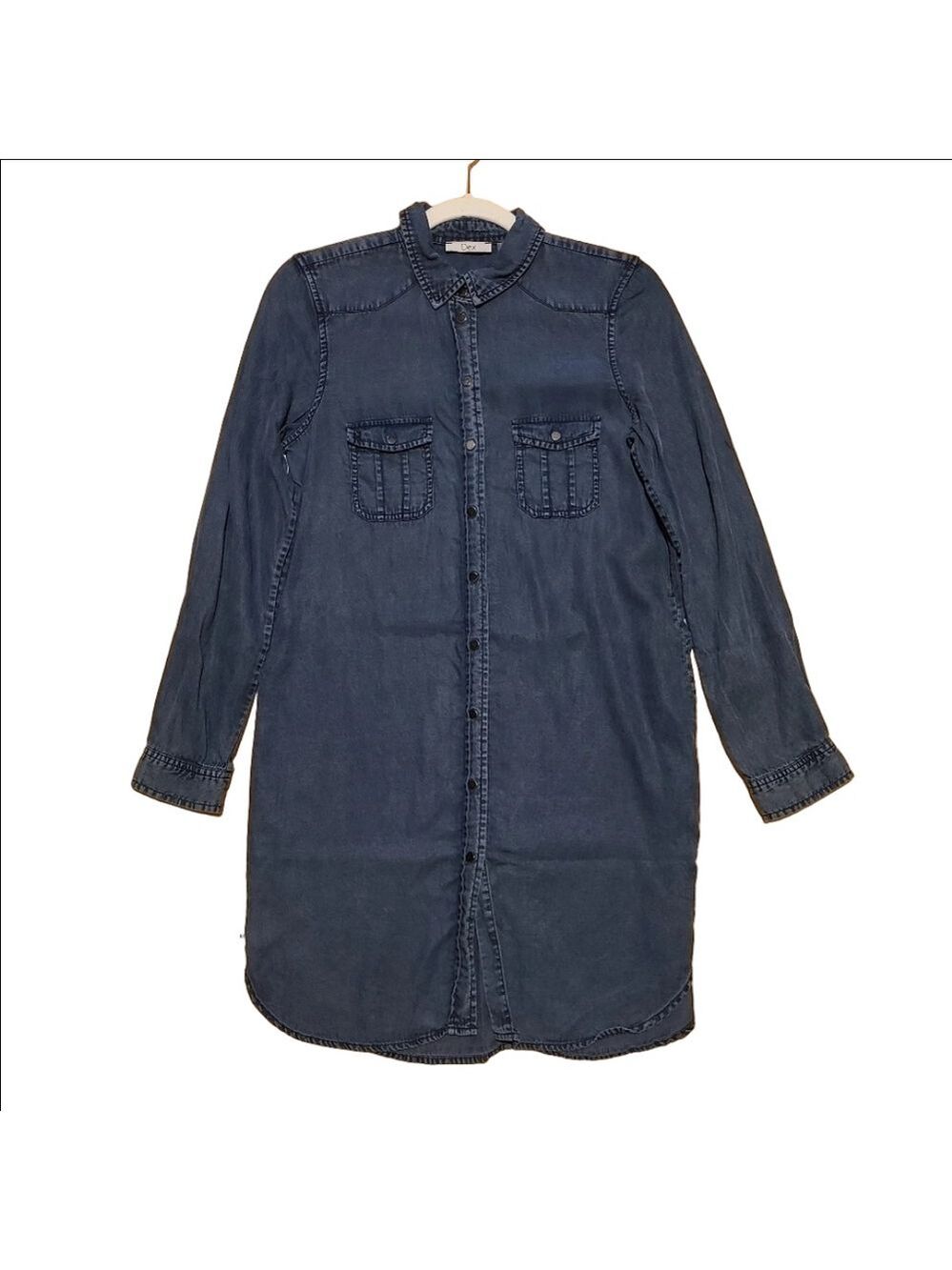 Dex Denim Chambray Shirt Dress Dark Wash Snap Buttons Long Sleeves Pockets XS